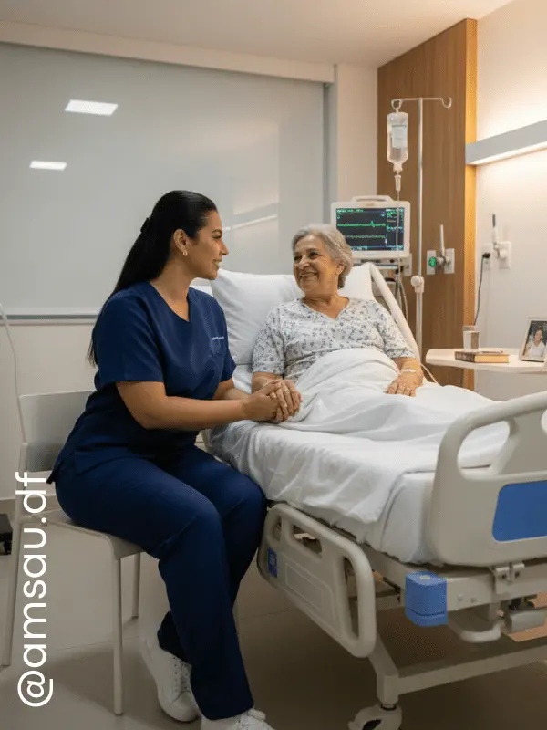 Enfermeira domiciliar cuidando de idoso em casa - Serviço de enfermagem domiciliar Brasília